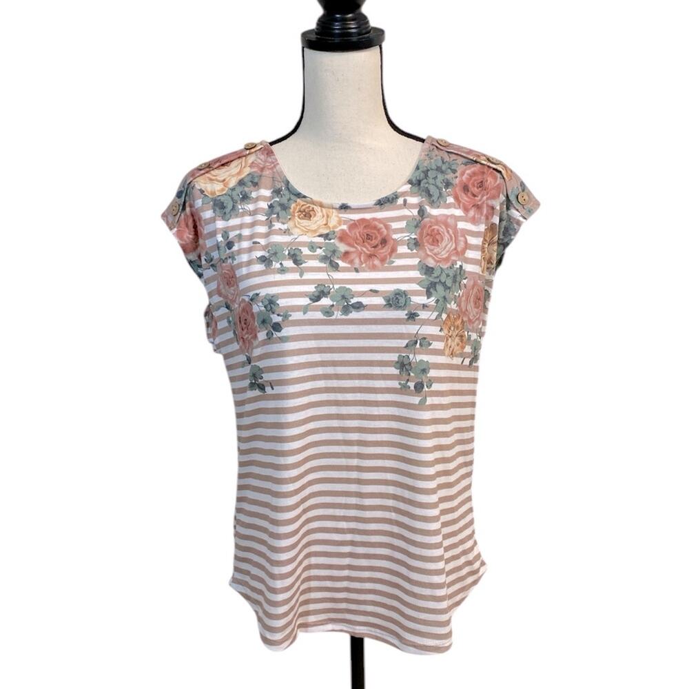 ECLA Victorian Rose Striped Cap Sleeve Button Shoulder T-Shirt Knit Top Size LP